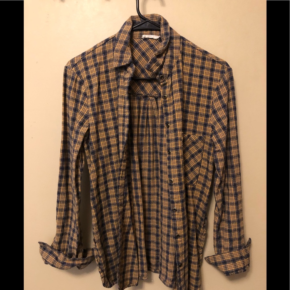Yellow and blue plaid shirt, gold button details